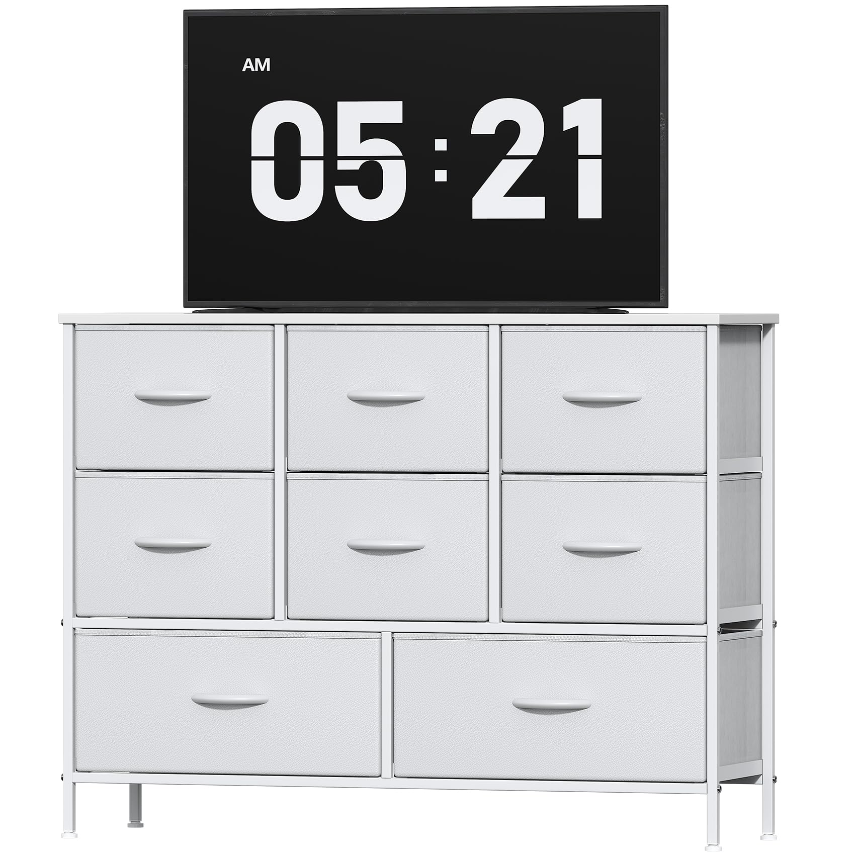 Feonase Chest of Drawers, Bedroom Dresser with 8 Fabric Drawers, Metal Frame & MDF Wood Top, Adjustable Feet, Storage Organizer Unit for Bedroom, Closet, Living Room, Hallway, White