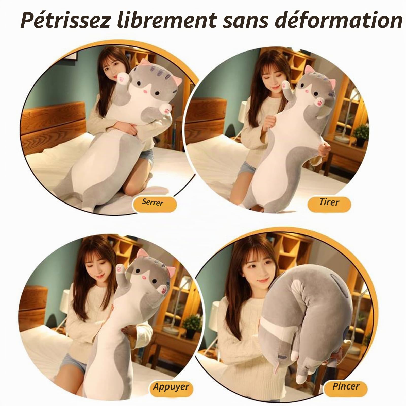 Peluche Chat Long 110cm - Grand Coussin Décoratif Chat pour Canapé, Oreiller Lombaire Super Doux, Peluche Géante pour Adulte, Cadeau Anniversaire Femme Ado (Gris)