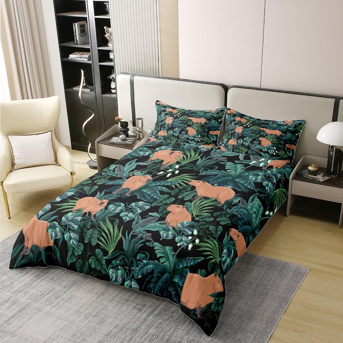 Homewish Funny Capybaras 100% Cotton Duvet Cover Single,Cartoon Capybara Stuffed Animals Comforter Cover,Tropical Palm Tree Leaves Bedding Set,Hawaiian Green Summer Quilt Cover Soft Breathable 2Pcs - Image 2