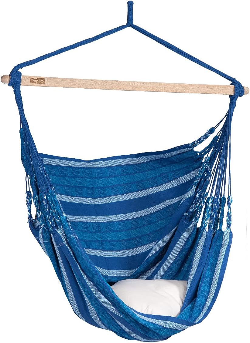 Tropilex Hanging Chair Outdoor Single | Handcrafted | Hammock Swing Seat Hippie Retro | Kids Adults | Garden Camping Travel | Chill Blue