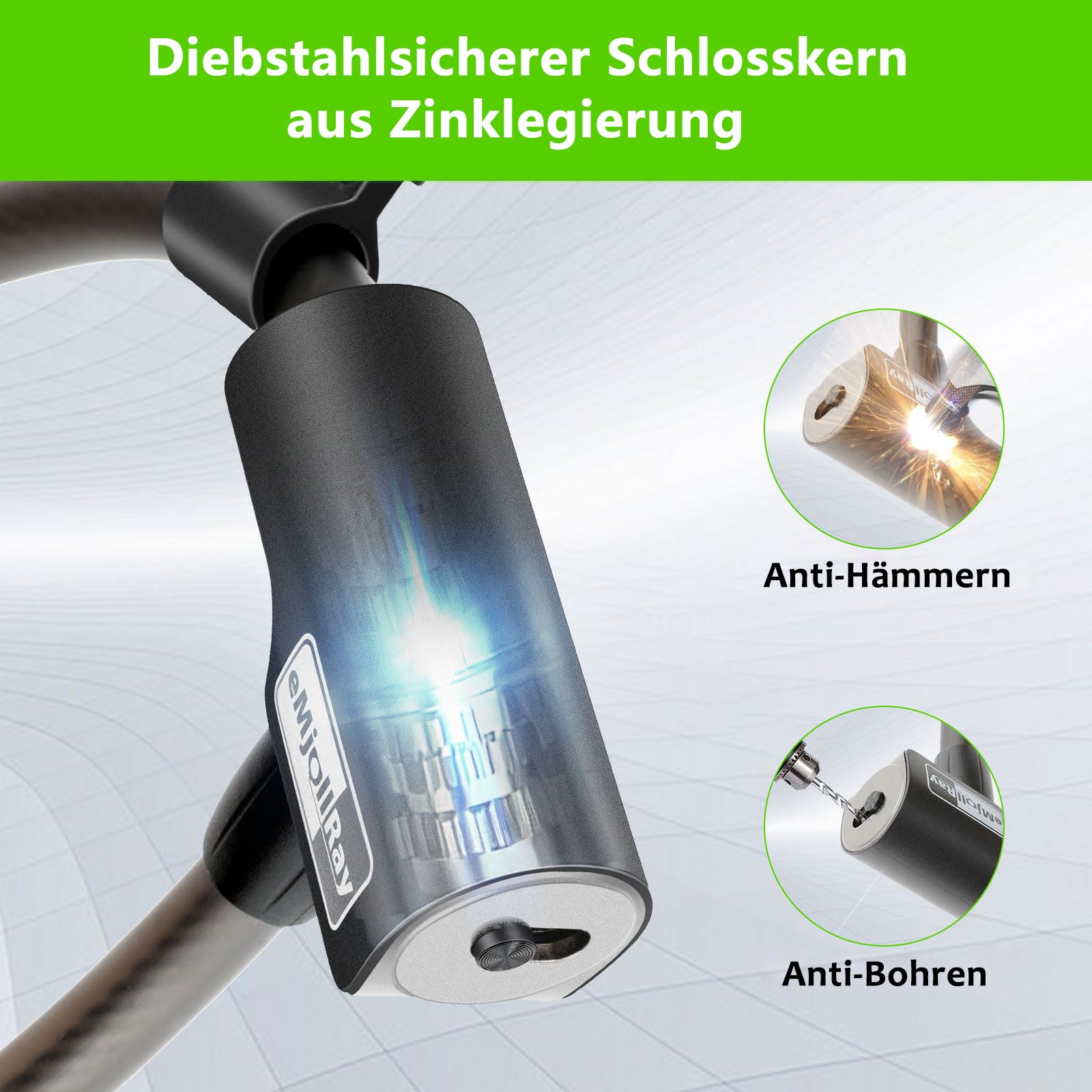E Scooter Schloss, eMjollRay Fahrradschloss mit 2 Schlüssel, Sicherheitsstufe Sehr Hoch Kabelschloss, Anti-Diebstahl Schloss für E Scooter/E Roller/Motorrad/Kinder Fahrrad/Tür