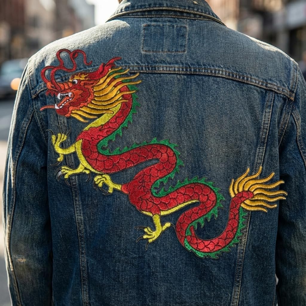Chinese Gold Dragon Decorative Iron-On Embroidery Patch - Handcrafted Vibrant Applique for Jackets Clothing and DIY Projects 8.5 x 5.5 Inch Multi-Color (Red)