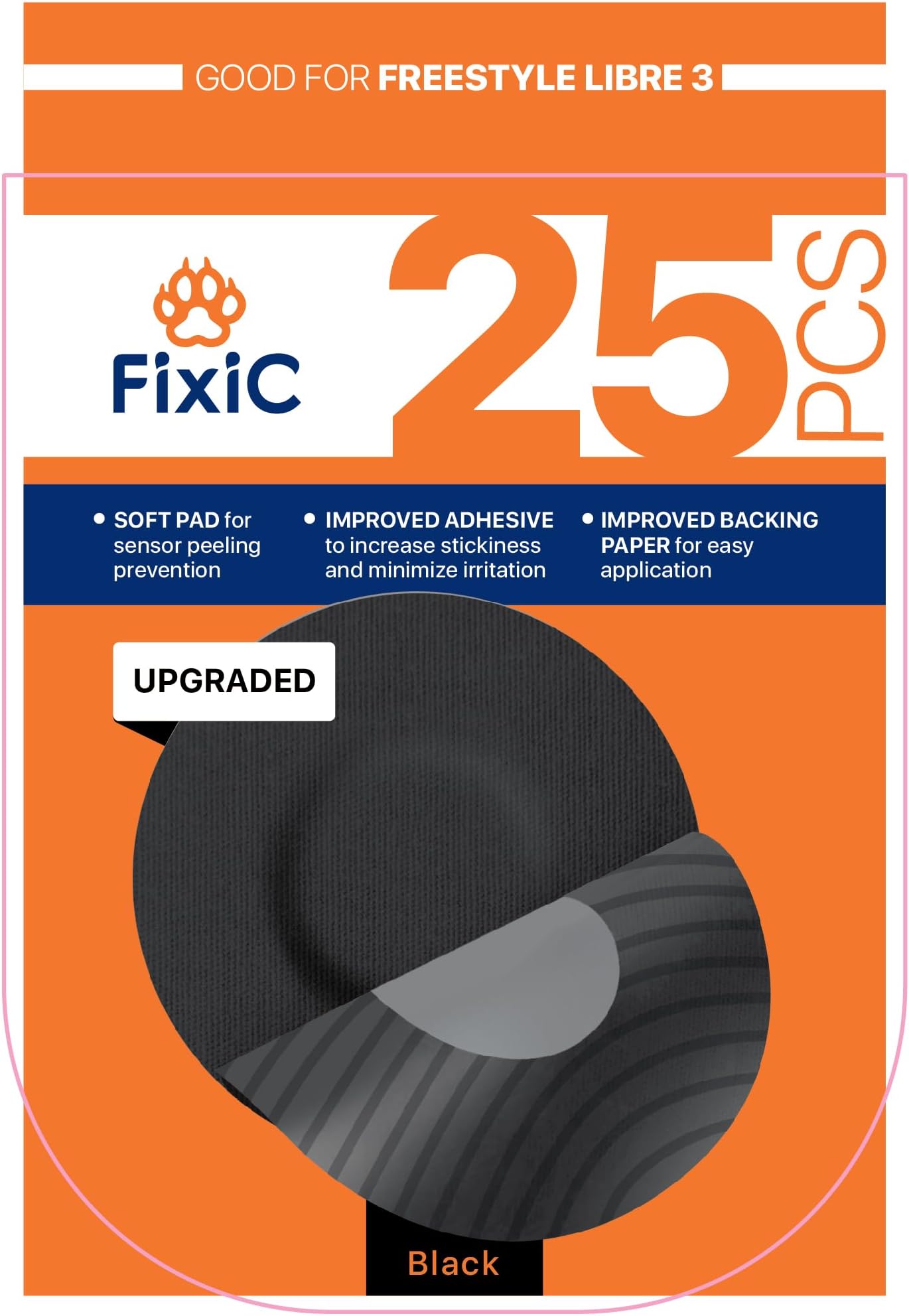 Fixic Libre 3 Sensor Covers - 25 Pack - Freestyle Adhesive Patches for Libre 3 & Plus Sensors - No Glue in The Center - Pre-Cut Back Paper - The Best Fixation for Your Sensor! (Upgraded, Black)