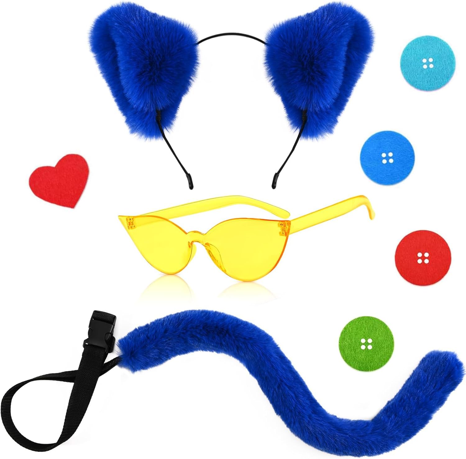 Blue Cat Costume Set Include Cat Ear Headband,Fur Tail,Sticker and Glasses for Men Women Halloween Dress Up