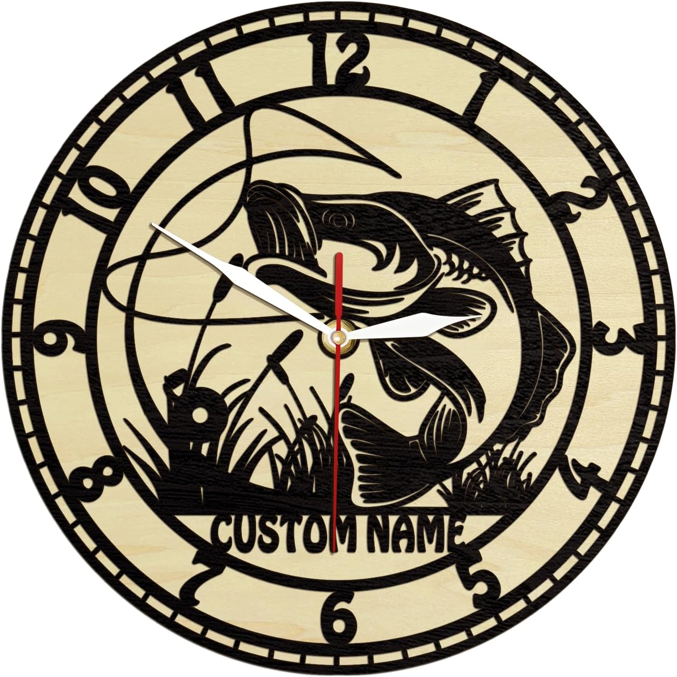 12 Inch Fishing Wood Wall Clock, Personalized Bass Fish Wall Clock Vintage Decorative Gone Fish Wooden Clock Silent Movement Battery Operated for Fishing Lovers Fisherman Men Dad Father Gift