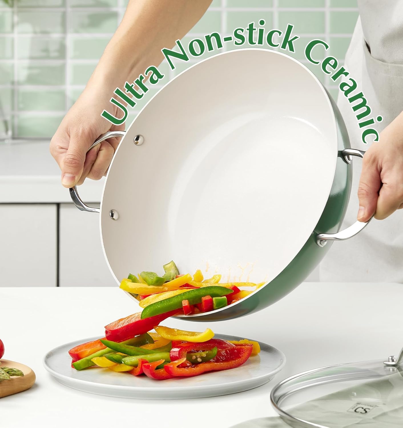 KOCH SYSTEME CS 12 Inch Ceramic Nonstick Deep Frying Pan with Lid, Large Saute Pan Skillet, PFAS-Free, Induction Compatible, Green
