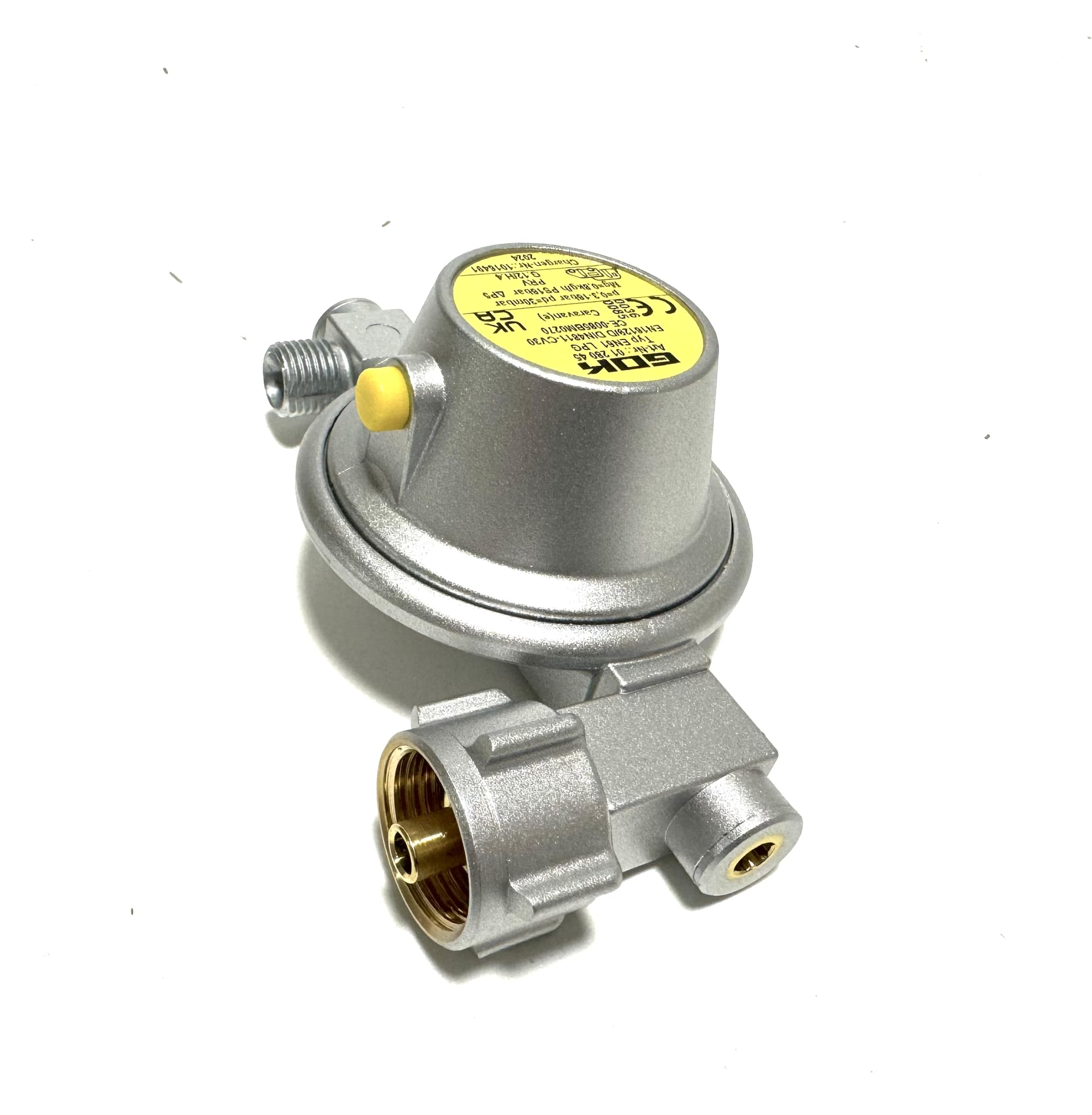 GOK Druckminderer Gasflasche 30 mbar, Gasdruckregler EN61-DS mit 90°-Abgang, KLF x G 1/4 LH-KN, 0,8 kg/h, PS 16 bar, U-Form ohne Manometer, CE EN 16129, DGUV 79 konform