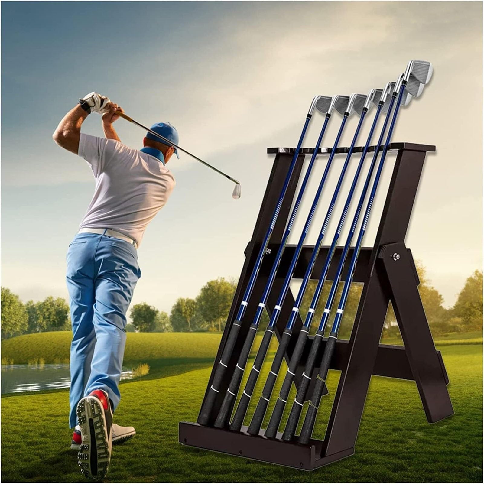 JevLoN Wooden Golf Putter Stand Indoor Display Rack Golf Club Rack Golf Club Holder Organizer Holds 7 Clubs, Natural Pine Wood Golf Club Stand for Storage Golf Sports Equipment