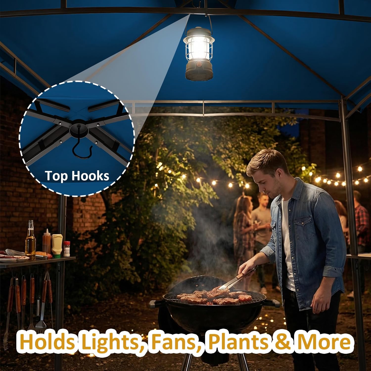 CHARMELEON 8x8 FT Grill Gazebo, Grill Canopy with Big Awning&2 Side Shelves&6 Hooks&Bottle Opener, Powder-Coated Steel BBQ Shelter for Patio Backyard Outdoor Grilling-Blue