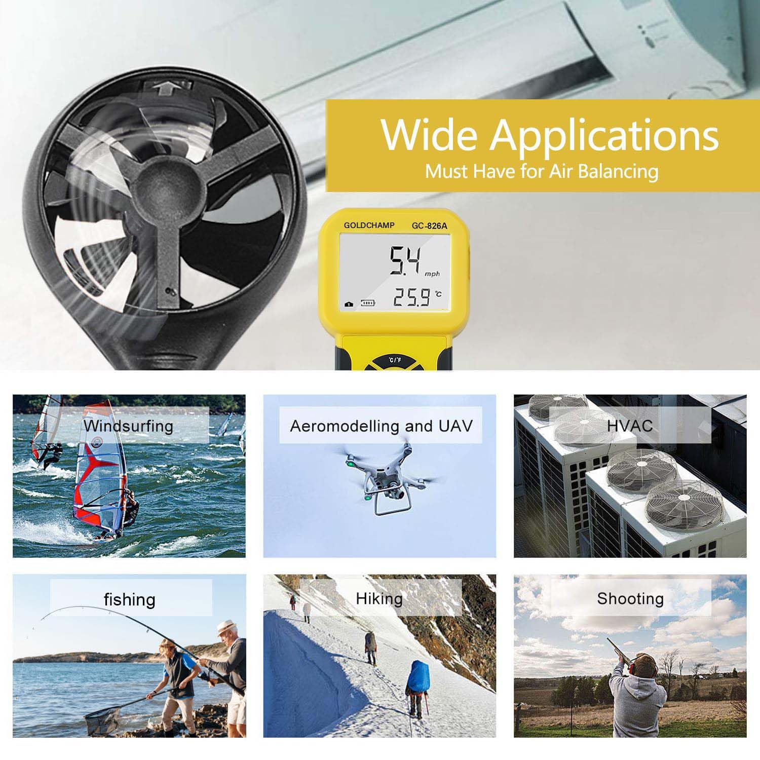 Anemometer windmesser, Digitales Anemometer Handmessgerät 826A Windmesser Windmessgerät/Temperatur ℃/℉, Digitaler Windmesser Max/Min/Durchschnitt/Echtzeitmessung mit LCD-Hintergrundbeleuchtung