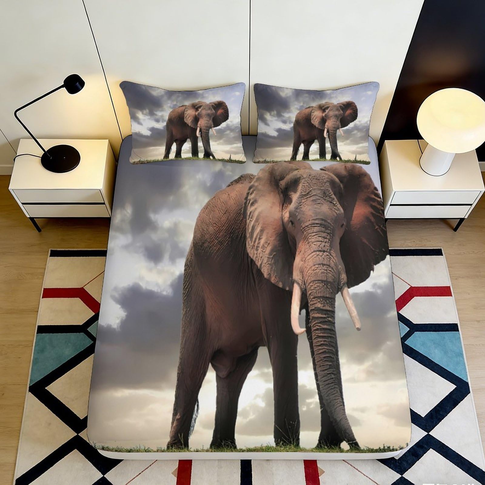 3D Printed Majestic Elephant Fitted Sheet Microfiber Soft Breathable Savannah Wildlife Bed Cover for Bedroom Dorm Decor Protection 90x200x25cm
