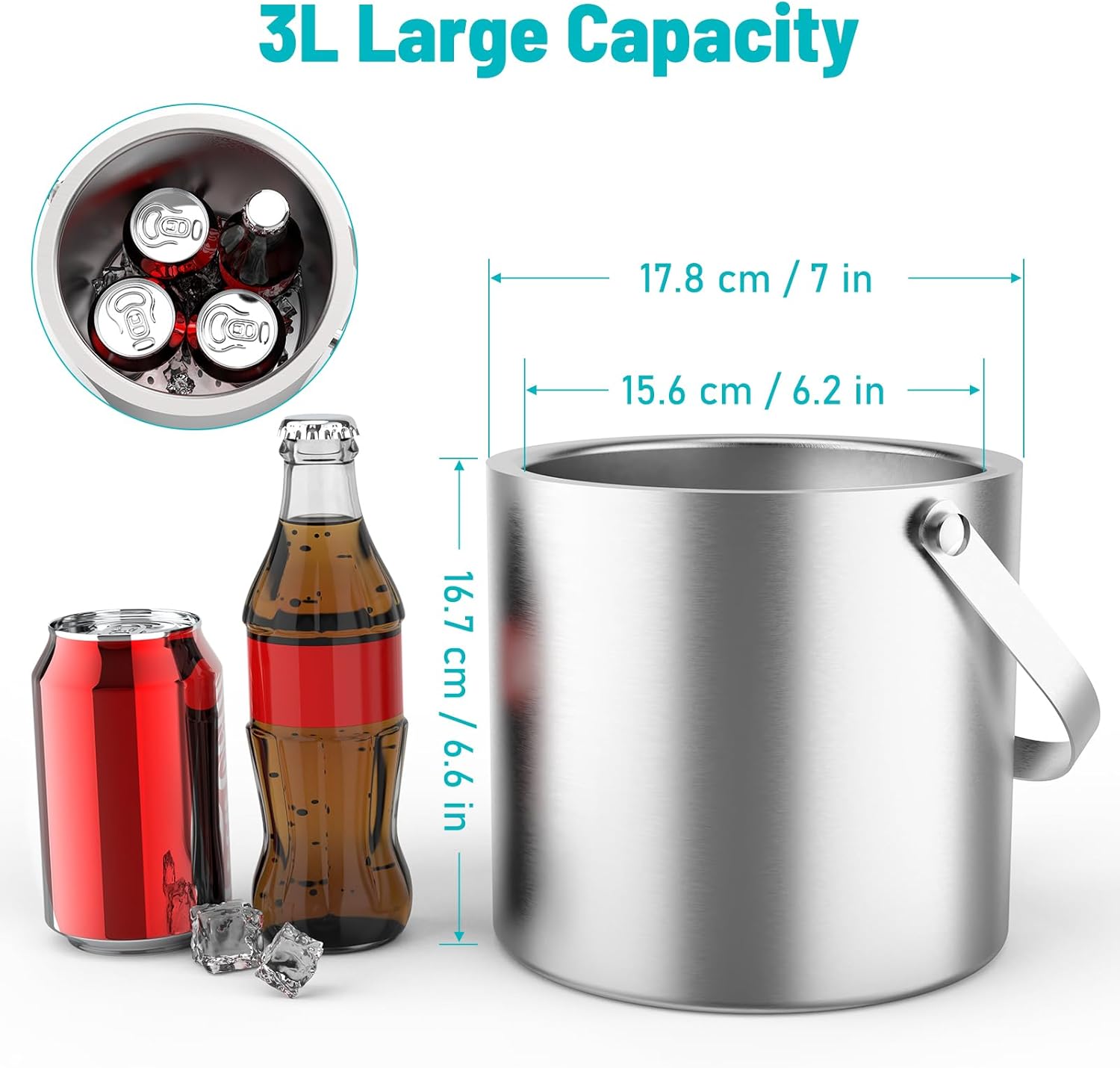 3L Stainless Steel Ice Bucket, Double Wall Insulated Ice Bucket with Lid, Drain Plate, Scoop, Tong for Parties Cocktail Bar - Image 5