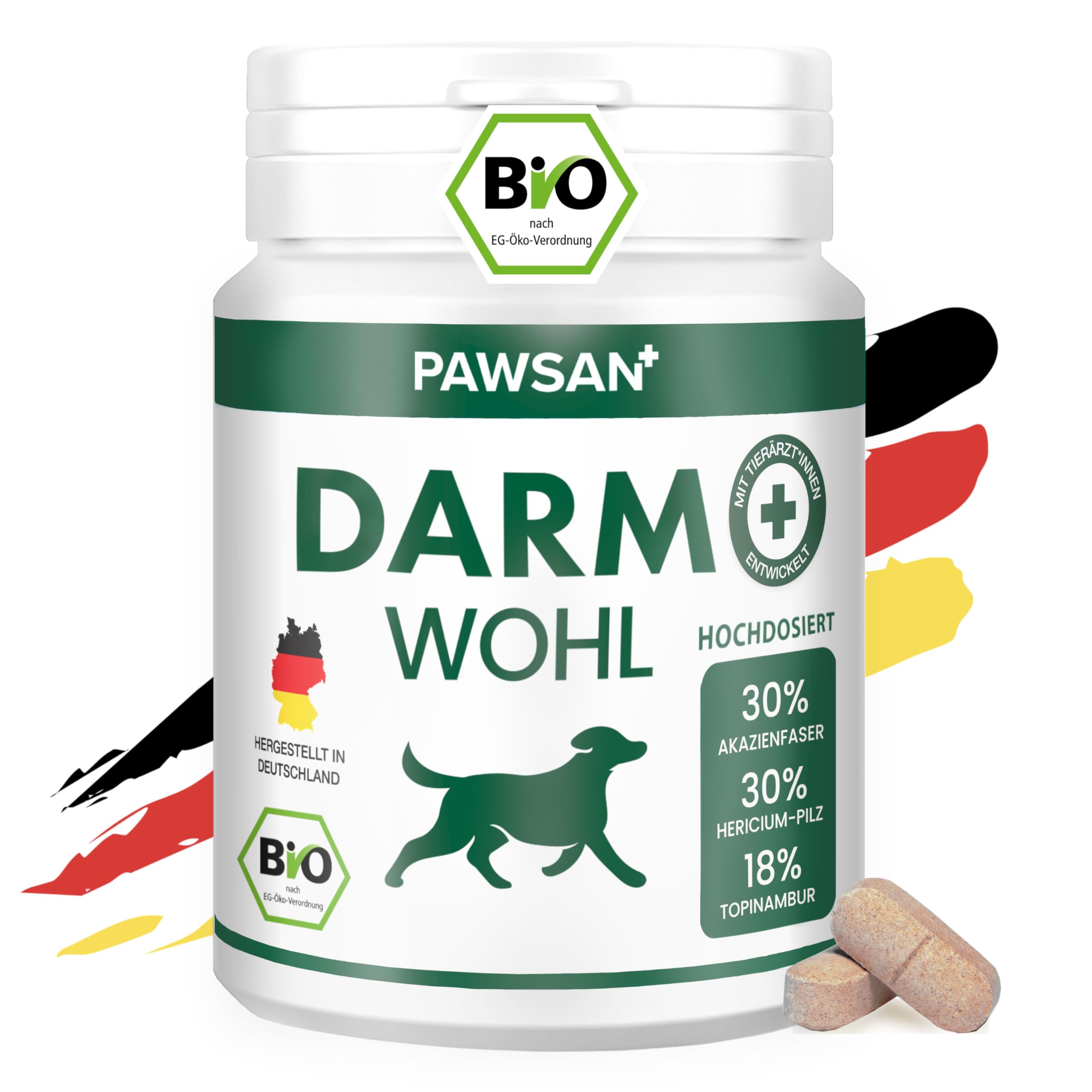 PAWSAN® Bio Darmkur Hund - HOCHDOSIERT - Ohne Probiotika Hund Darmflora aufbauen - pflanzliche Gras und Kotfresser Drops - Darmwohlsticks OHNE Zusätze - Bio-Qualität Made in Germany - 100 Tabletten