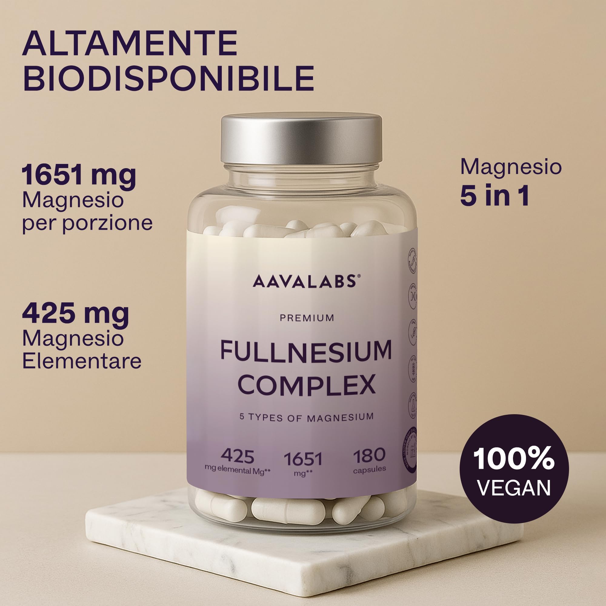 Magnesio Completo 1651mg | 5 Fonti di Magnesio: Citrato, Bisglicinato (Glicinato), Malato, Taurato, Ossido - 425mg Mg Elementare - Integratori Stanchezza - Integratore Donna e Uomo - 180 Capsule