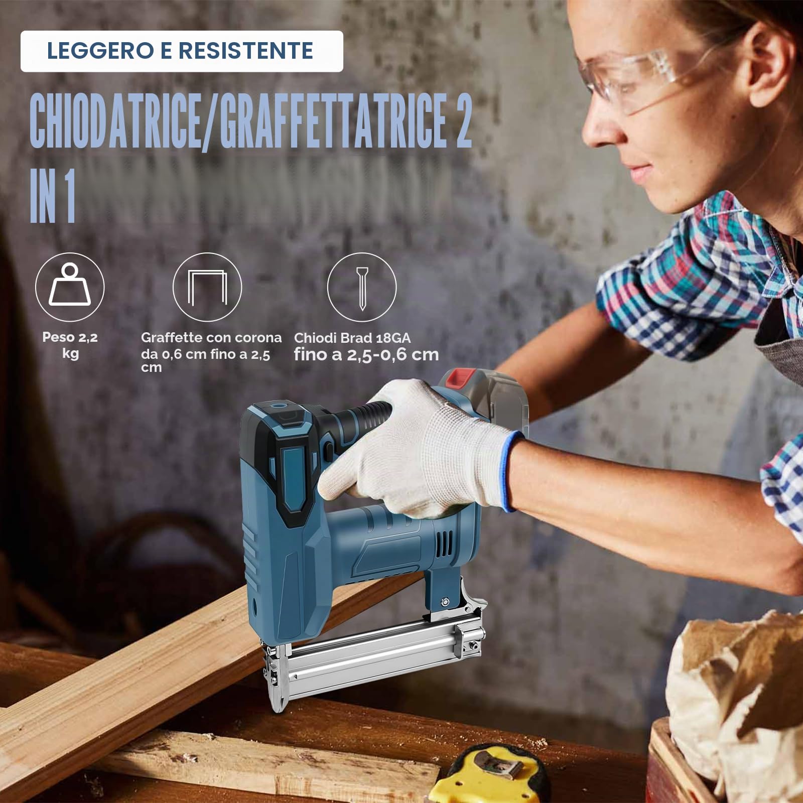 Chiodatrice senza fili da 18 GA per batteria Makita da 18 V, pistola per unghie 2 in 1 senza spazzola/pistola per graffette con 500 chiodi e 500 punti, doppia protezione, per la lavorazione del legno