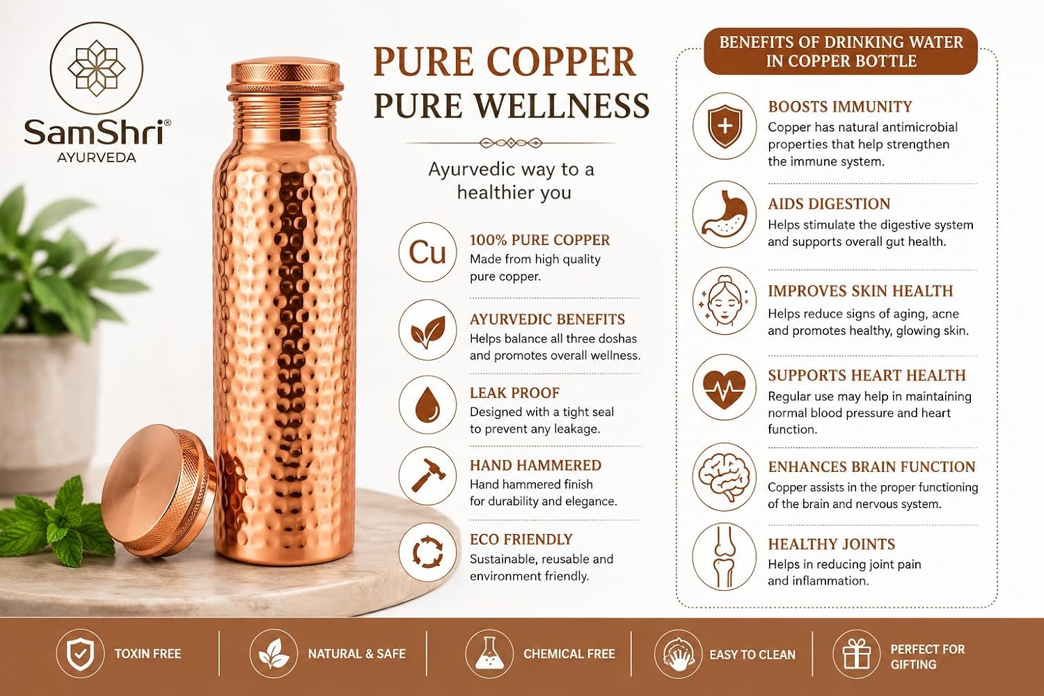 100% Pure Copper Water Bottle for Drinking, 34 Oz Hammered Ayurvedic Copper Bottle for Drinking Water - Leak Proof & Eco Friendly For Yoga, Office, Travel image 2