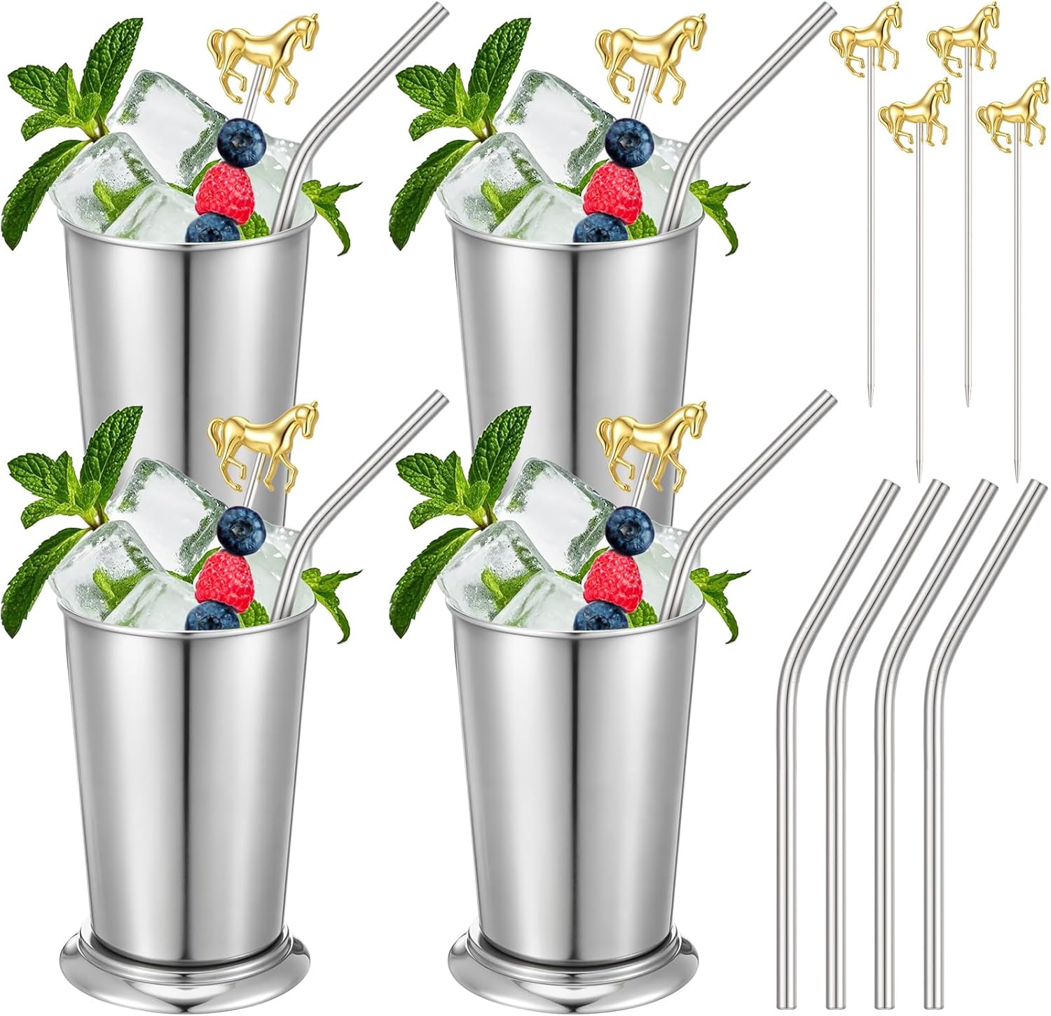 Nuogo 4 Set 12 oz Derby Mint Julep Cups 4.2'' Cocktail Picks Metal Cups Stainless Steel Straws Horse Toothpicks for Appetizer Mint Julep Glasses Set for Beer Juice Beverage Bar Home Horse Racing Party