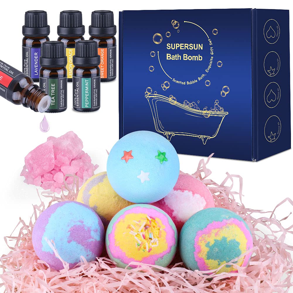 SUPERSUN 6 Bath Bombs Gift Set for Women, Aromatherapy Fragrance Oils (6 x 10ml), Himalayan Crystal Rocks as Essential Oils Diffuser, Bubble Bath Spa Gifts Set
