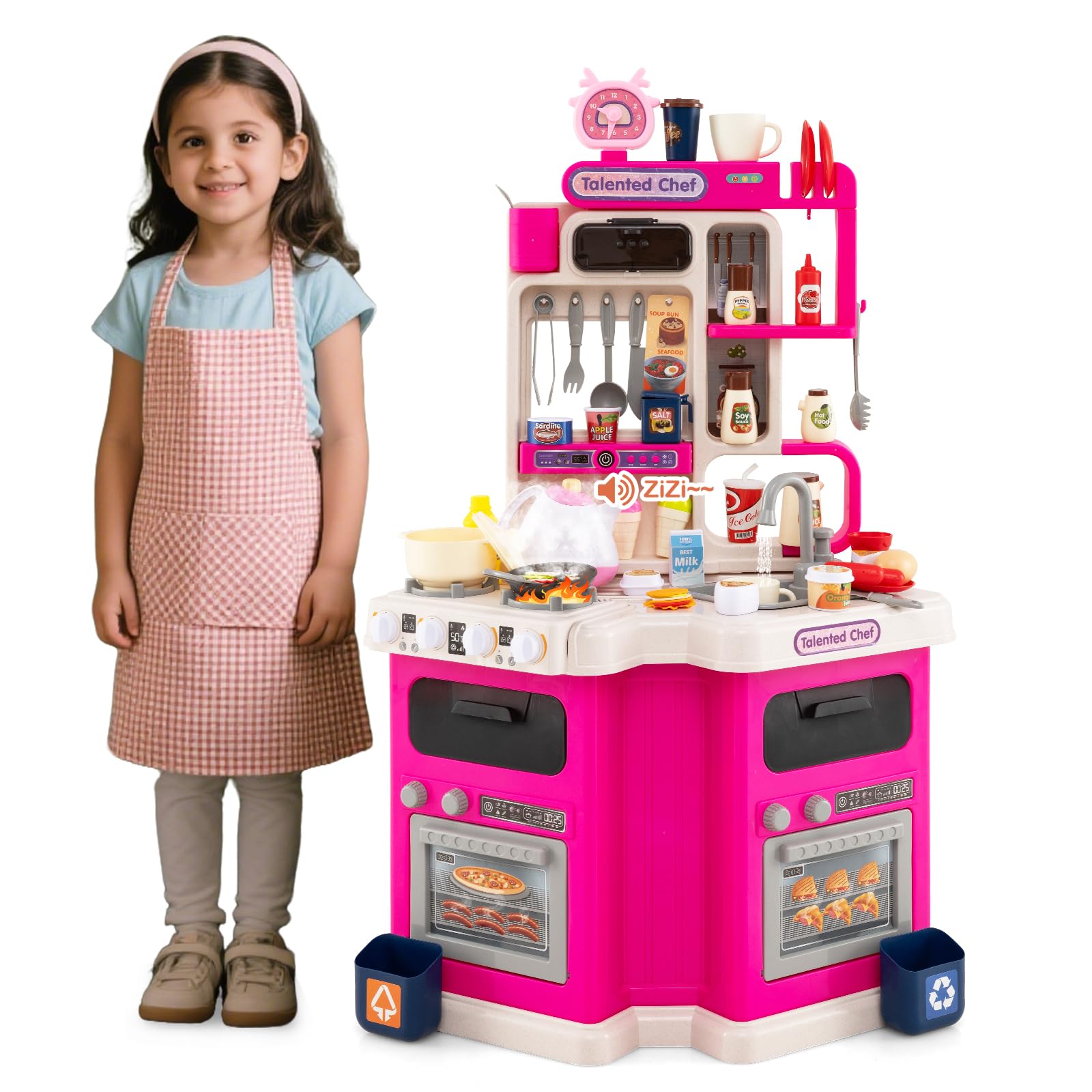 HOMASIS Cocina de Juguete con Sonidos y Luces, Juego de rol de Cocina con 75 Piezas, Agua al Vapor, Grifo con Agua y Fregadero, para Niños a Partir de 3 Años (Rosa)