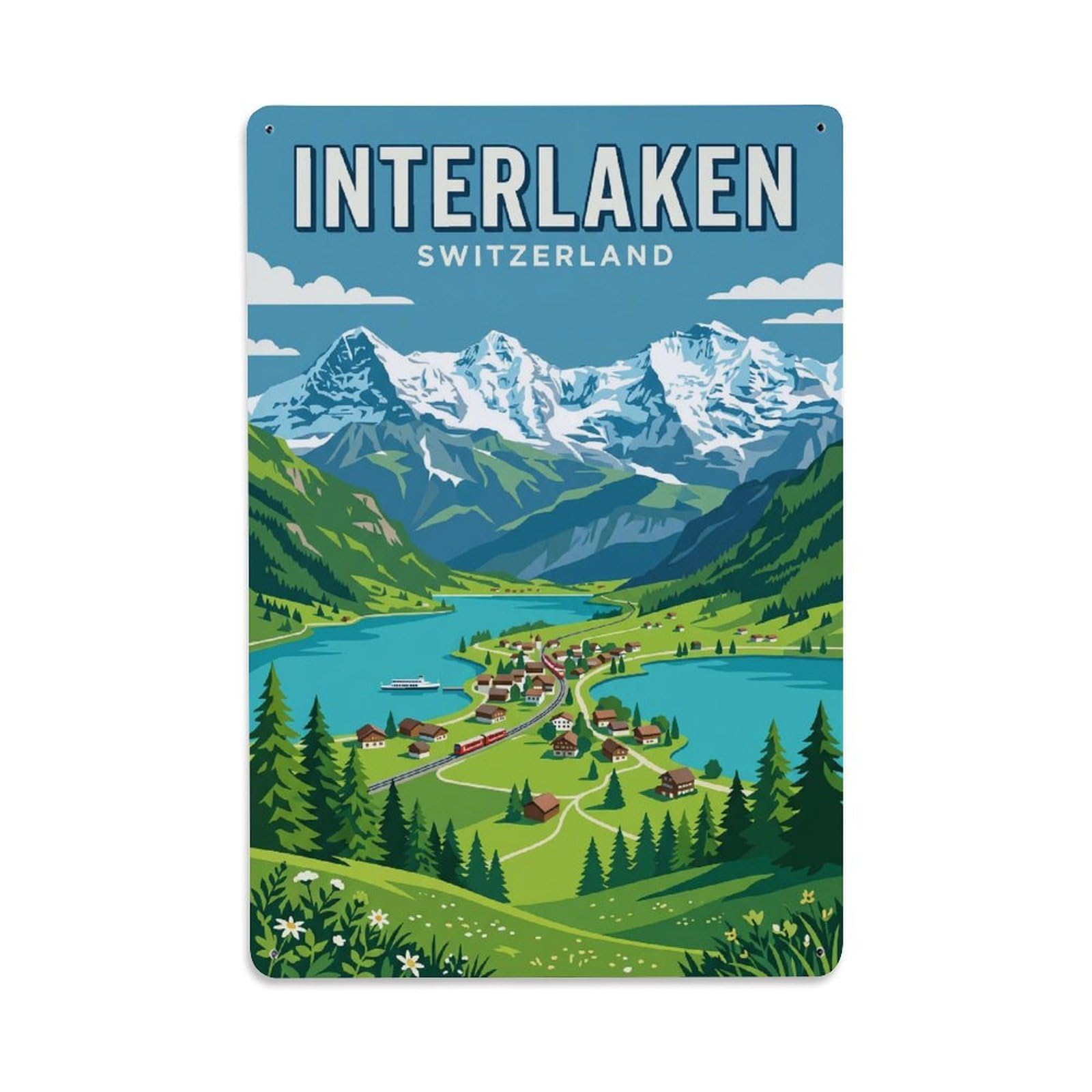 Cmhok Vintage Style Vintage Travel Interlaken Switzerland Metal Tin Sign Wall Decor For Cafe, Club, Garden Metal Poster 8X12inch