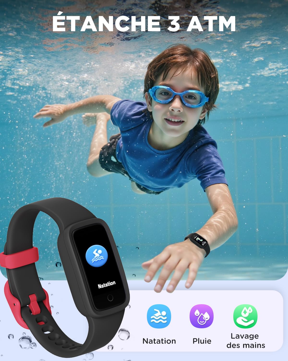 BIGGERFIVE Vigor 3 Montre Connectée Enfant Tracker d'Activité Écran AMOLED Étanche 3ATM Moniteur Fréquence Cardiaque Sommeil Noir