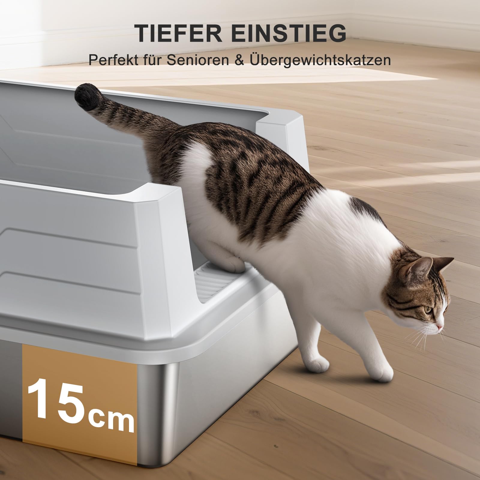 MIXJOY XXXL Katzenklo Edelstahl, Katzenklo Extra Groß 71x51x30 cm, Offene Katzentoilette Edelstahl Passend für Große Katzenrassen und Mehrkathenhaushalte, Großformatige Hochrand-Ausführung