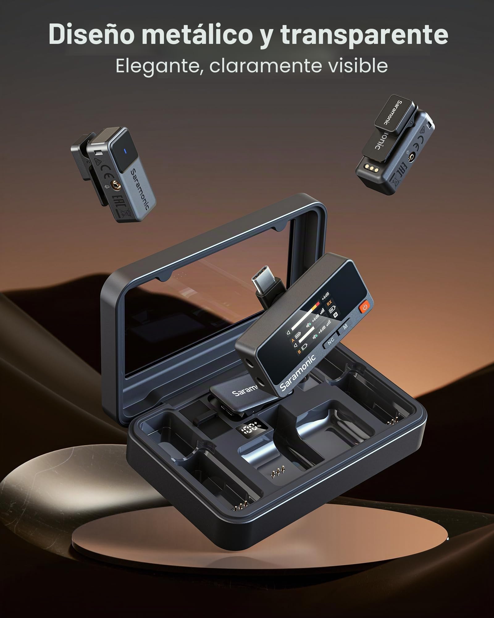 SARAMONIC Air microfono inalambrico para Movil, Micrófono de Solapa Externo de ø9,7 mm, 48 KHz/24 bit, SNR 90dB, Mini Microfono para iPhone Serie 15/16, Microfono de Solapa con Conector USB-C, 300m