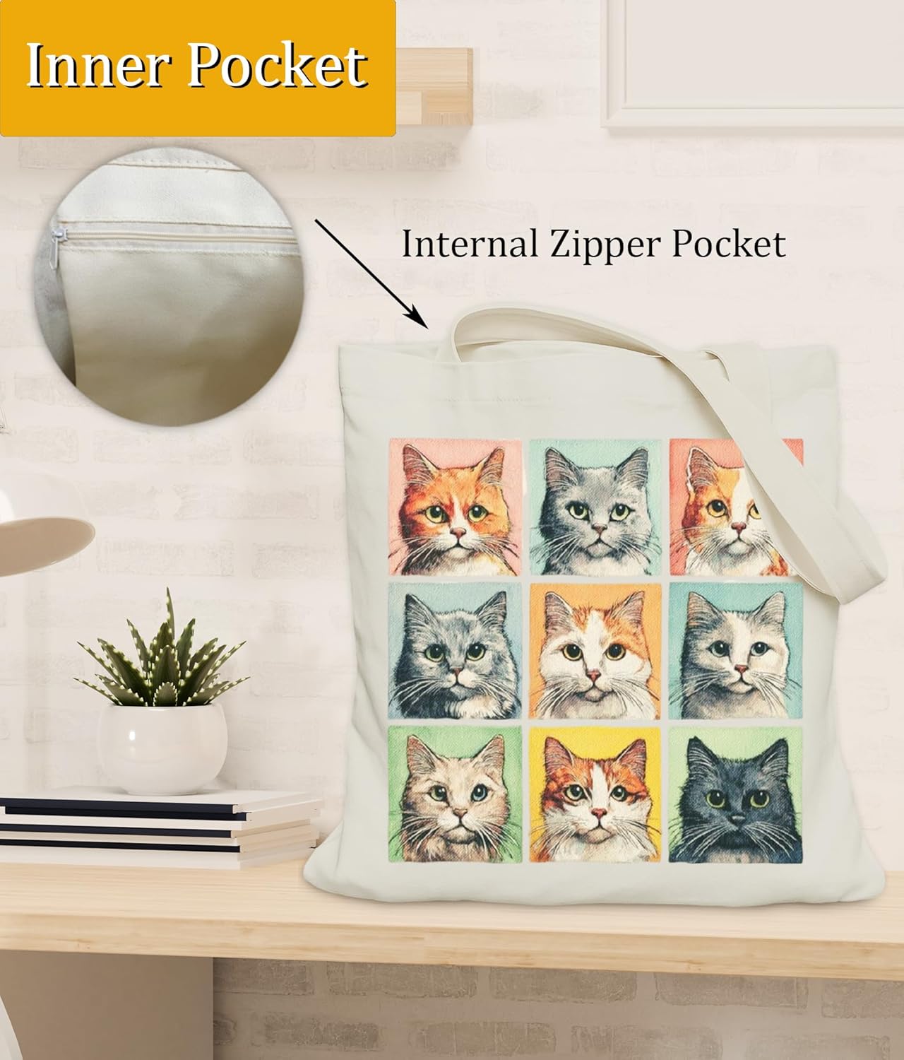 Cat Gifts Tote Bag for Women Girls, Cat Lover Gifts Tote Bag for Daughter Besties, Medium Size with Inner Pocket - Image 4