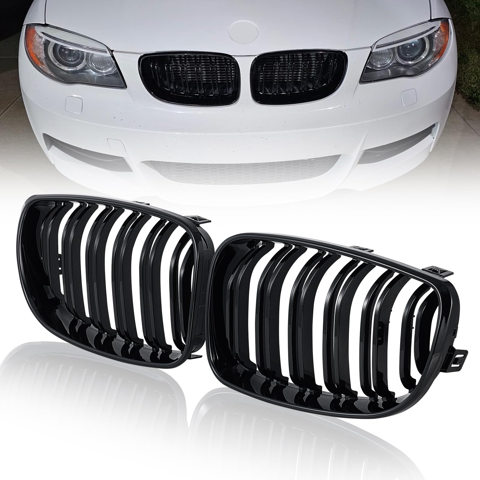BMW serii 1 E81 E82 E87 E88 grill chłodnicy, nerki, grill 2008-2011, czarny, błyszczący, podwójny mostek, akcesoria sportowe