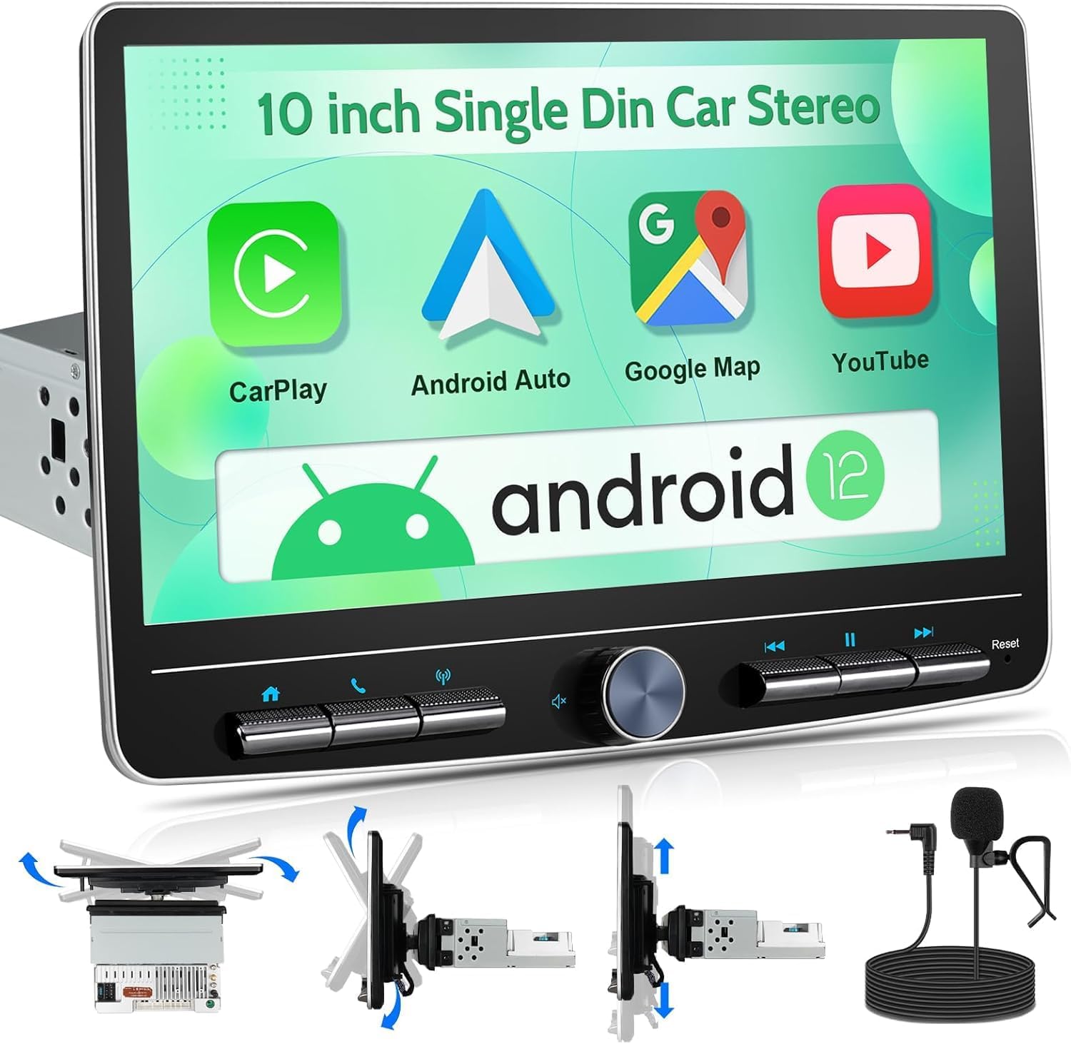 Single Din Touchscreen Radio Android Head Unit with Wireless CarPlay and Android Auto，10 Inch Single Din Car Play Stereo Floating Screen with AM/FM Radio GPS Naviagation, WiFi, SWC, MIC (Single din)