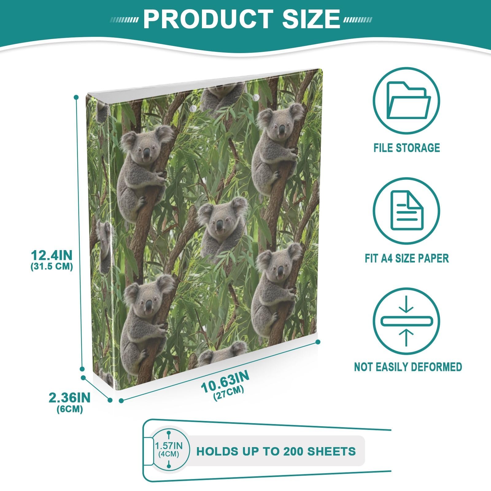 Koalas Trees Ringordner mit 3 Ringen, 3,8 cm, mit rutschfestem Clip, dekorativer niedlicher Ordner, Organizer für Schulbedarf, Grün, 2 Stück
