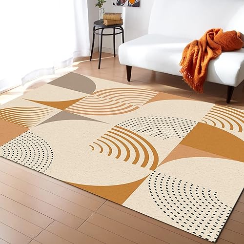 Alfombra de área elipse de línea abstracta naranja, alfombra grande minimalista de puntos negros, alfombra antideslizante para interiores, lavable a