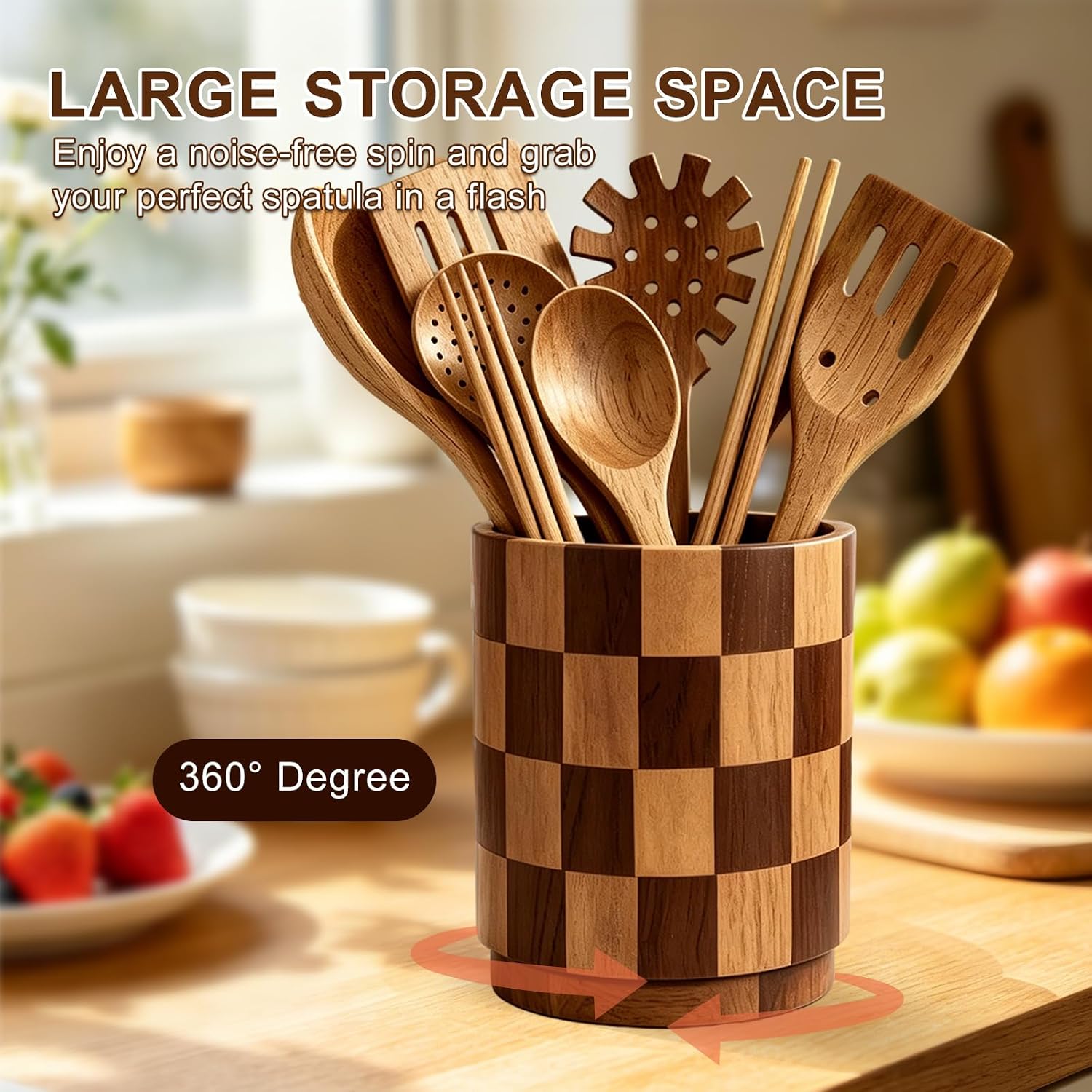 FYSUIMU Brown Checkered Wooden Utensil Holder 360° Rotating Utensil Crock Cooking Tool Storage Organizer Container for Farmhouse Home Kitchen Countertop Decor