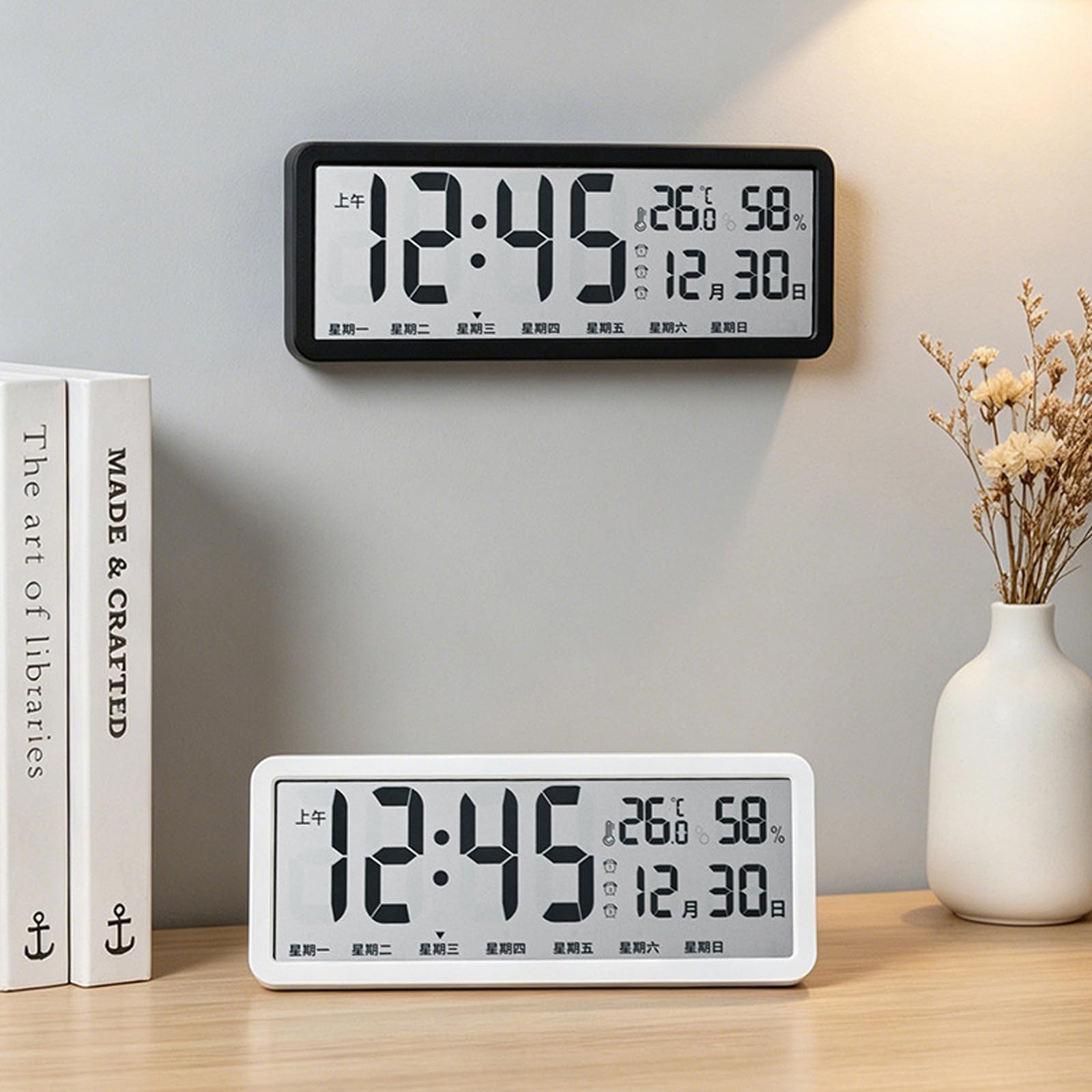 Horloge numérique à grand écran avec heure, date, température et humidité, alimentée par batterie, pour la maison, la chambre à coucher, horloge murale électrique, réveil numérique LED, affichage du