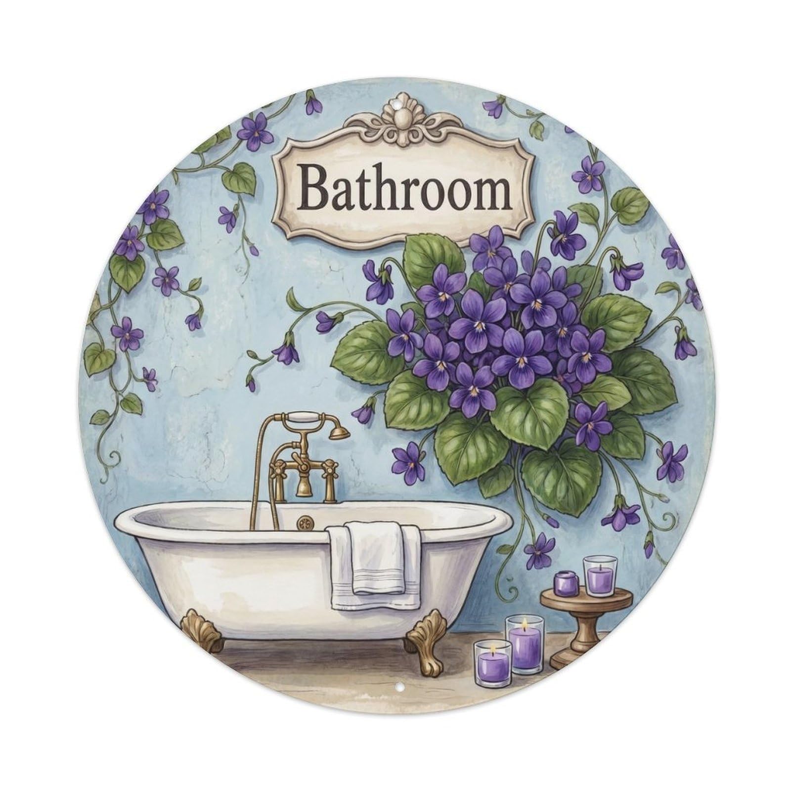 Yrnq Vintage Style Bathroom Violet Cottage Bathroom Wall Vintage Metal Tin Sign Plaque Wall Decor For Cafe, Club, Garden Round Metal Poster 8X8inch