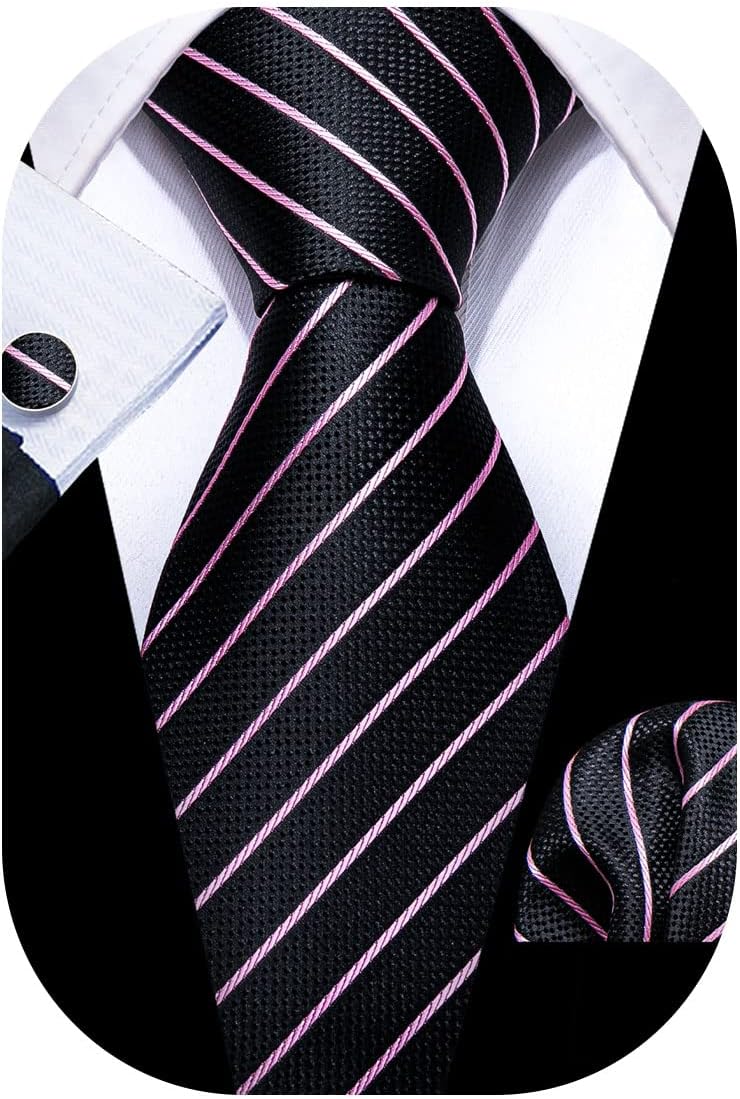 Man Stripe Ties Set Silk Woven Pocket Square Necktie Cufflinks Formal Party Business