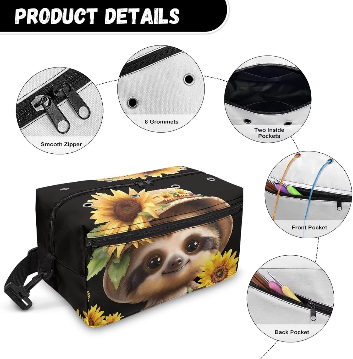 Drnuikhe Sunflower 3D Sloth Print Yarn Knitting Bagtravel Large Capacity Embroidery Kit Knitting Bag Multifunctional Embroidery Project Organizer Knitted Bag