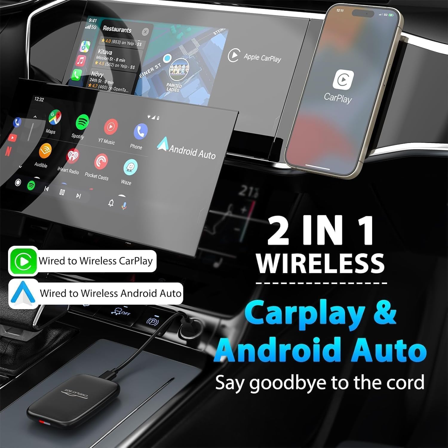 3 in 1 Wireless CarPlay Adapter 2025 Upgraded,Wireless CarPlay & Android Auto Adapter Built in Netflix YouTube Support TF Card, Factory Car Play Video Box for Cars from 2016 and iOS 10+, Plug and Play