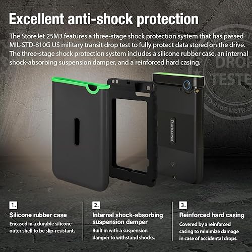 Miniatura 4 de Transcend SS2TSJ25M3G - Disco duro portátil con USB 3.1 de 2 TB, resistente, resistente a los golpes, compacto y ligero con velocidades