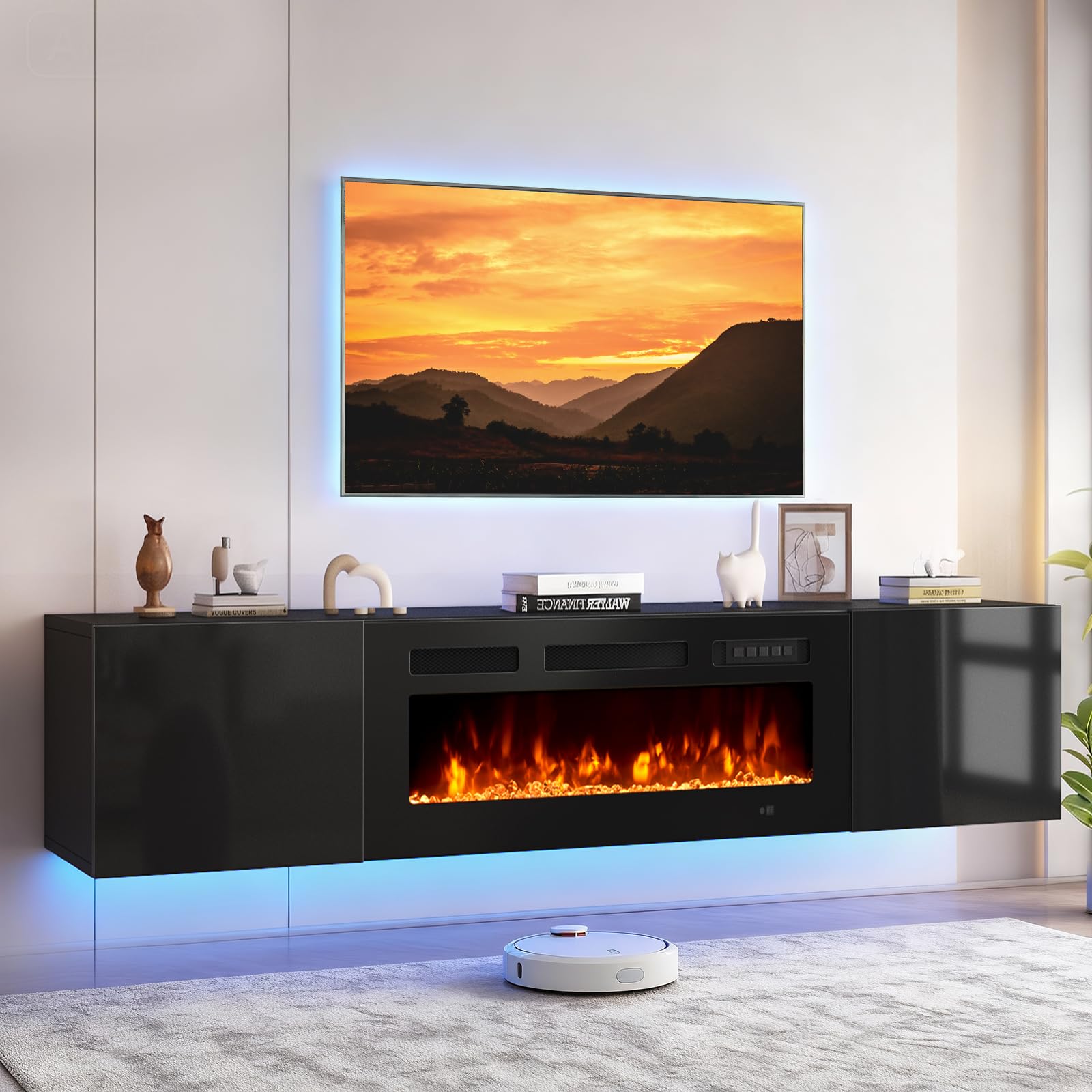 Photo 1 of ***MISSING PARTS***
OneBlis 70'' Floating TV Stand with 36" Electric Fireplace, Wall Mounted Entertainment Center with Storage for TVs up to 80", Adjustable 12-Color LED Media TV Console for Living Room,All Black