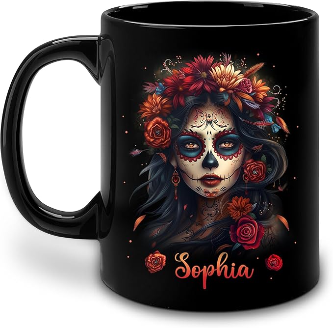 Hyturtle Personalized Floral Sugar Skull Mug - Gothic Sugar Skull Gifts For Women - Birthday Mothers Day Gift For Lovers - Day of the Dead Present Decor - Custom Coffee Cup Ceramic Mug 11 oz 15 oz