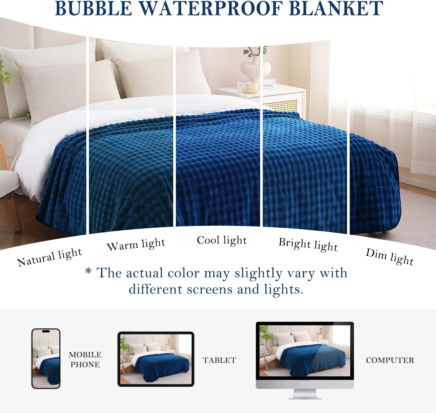Waterproof Blanket for Bed Couch Sofa Car, Soft Leakproof Dog Blanket with 3D Bubble Pattern, Reversible Water Proof Pet Blankets for Dogs Cats Puppies (60"x80", Navy Blue)