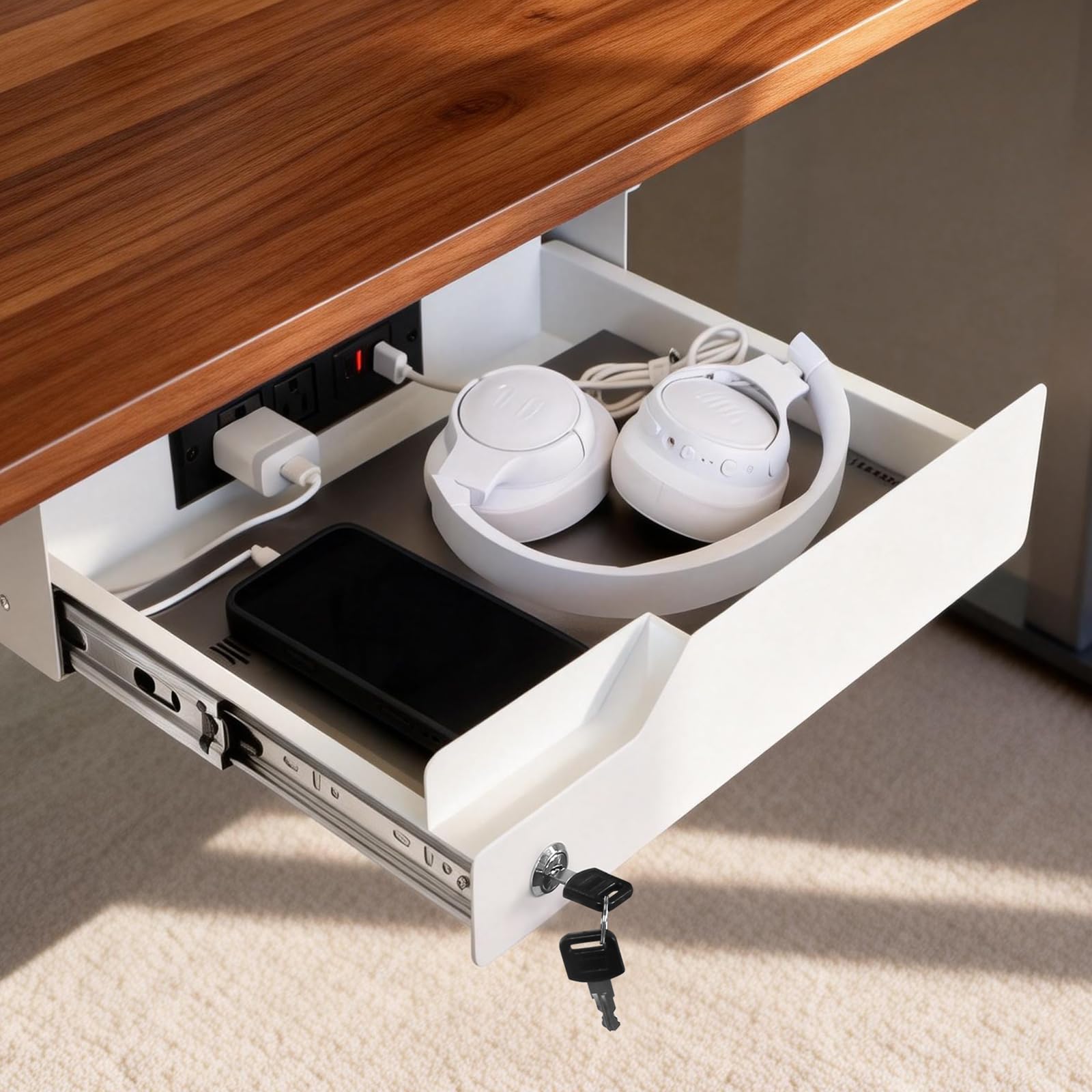 Cassetto portaoggetti sotto scrivania con serratura, cassetto da tavolo in metallo, cuscinetto a sfera, organizer per carta, matite e laptop, 40,6 x 30 x 9,1 cm, bianco con striscia di