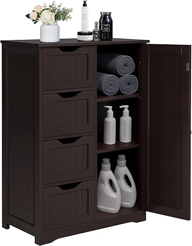 Miniatura 15 de Yaheetech Armario organizador de madera para el suelo del baño/lateral con 4 cajones y 1 armario, unidad de almacenamiento de entrada independiente