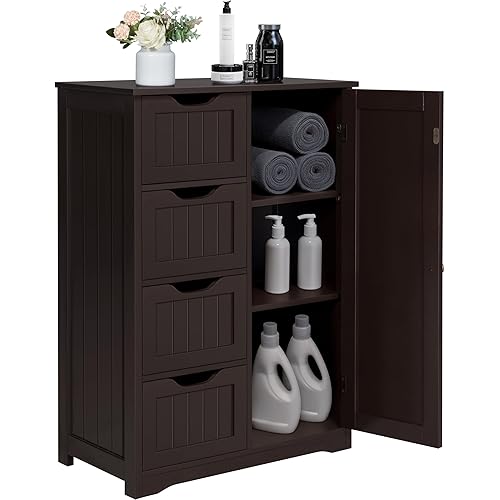 Yaheetech Wooden Bathroom Floor Cabinet, Side Storage Organizer Cabinet with 4 Drawers and 1 Cupboard, Freestanding Entryway Storage Unit Console Table, Home Decor Furniture, Brown
