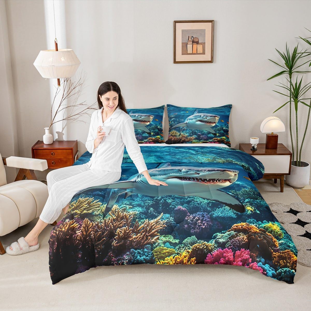 jejeloiu Ocean Sea Animal Duvet Quilt Twin Size Shark Comforter for Kids Boys Girls Decor Marine Theme Bedding Set Breathable Soft Lightweight Microfiber Bedroom Decor Quilt Set image 5