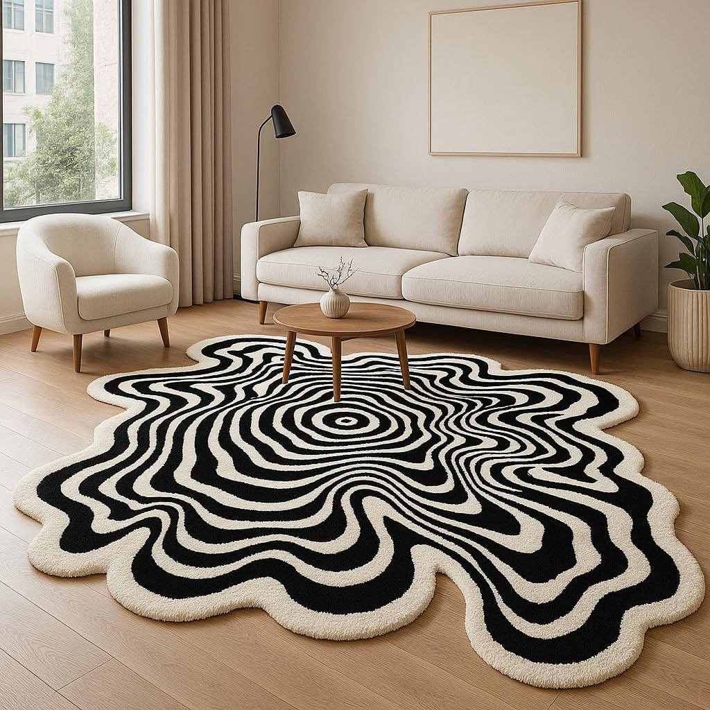 Hand Tufted Rug 4x4 Area Rug of 100% New Zealand Wool Modern Irregular Carpet Rugs for Living Room Bedroom Hall Entryways & Perfect for Home Decor (Black and White, 4x4 ft)