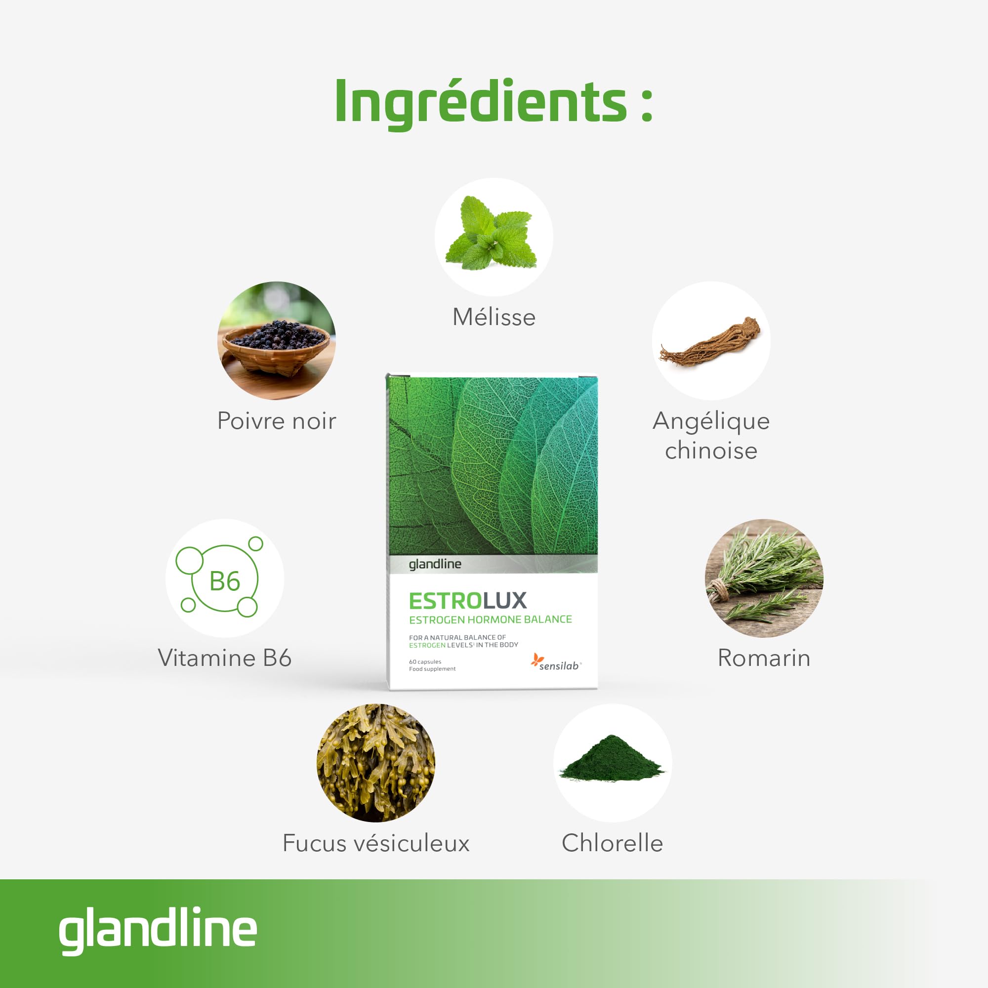 Sensilab Estrolux - Équilibre Hormonal Femme, 120 Gélules | Iode, Chlorella, Mélisse, Algues Brunes, la Vitamine B6 contribue à réguler l'Activité Hormonale