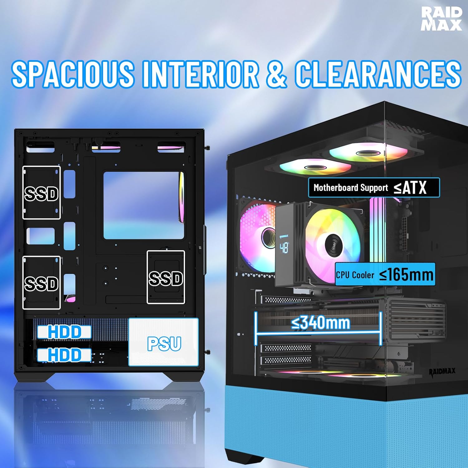 RAIDMAX i802 Vibe Compact ATX Gaming PC Case, 5X Fixed RGB Fans Pre-Installed, Panoramic Tempered Glass, High Airflow Mid Tower Chassis, Supports 320mm GPU & 240mm Radiator (Blue)