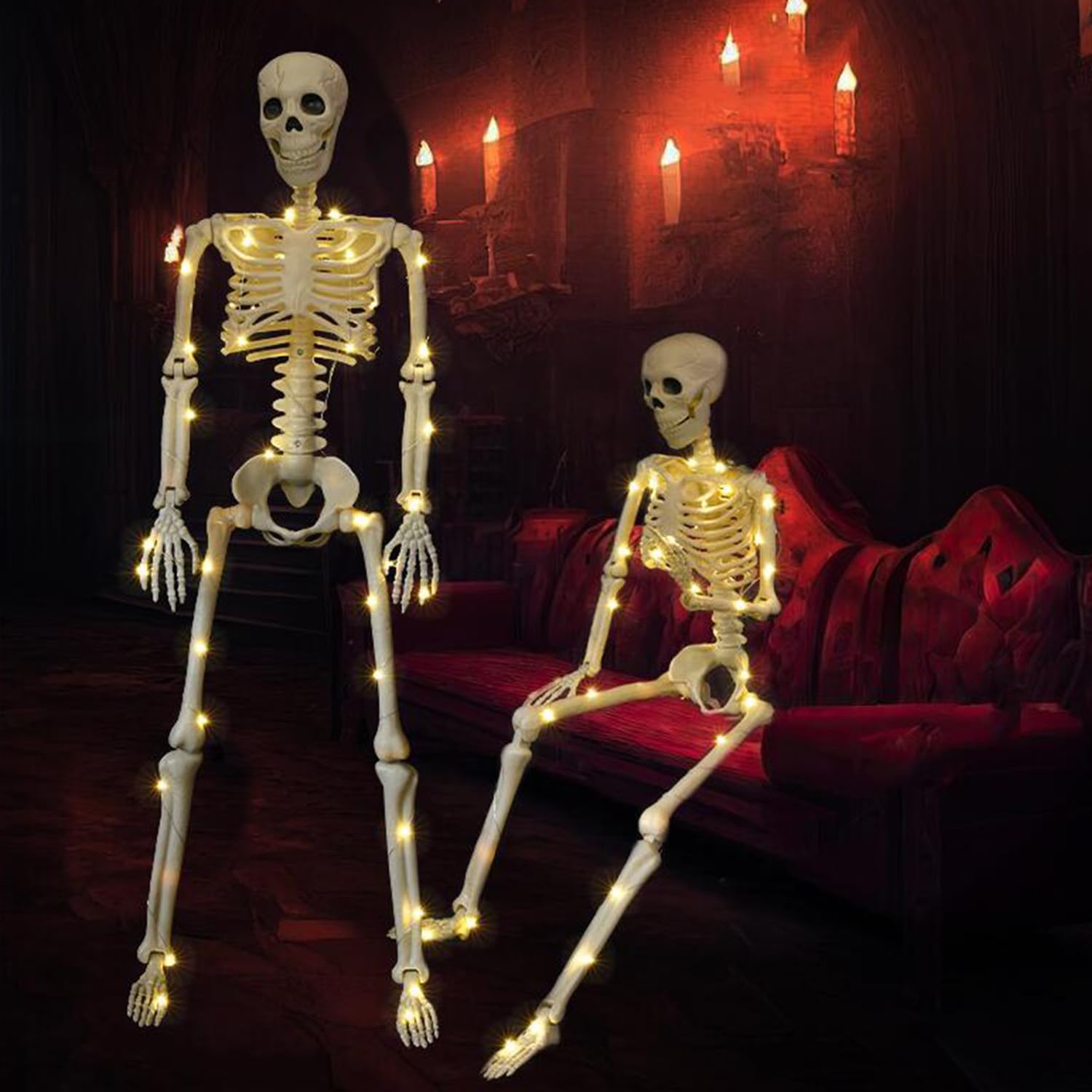 Esqueleto De 90cm con Luz Led Decoración De Halloween, Puede Estar De Pie O Sentarse Estatua De Esqueleto Al Aire Libre Patio Fantasma Casa Decoración De Terror